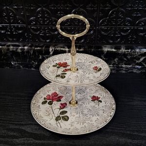 Two-Tier Gold Floral Rose Porcelain Dessert Stand, H. Aynsley & Co. Gold Chintz